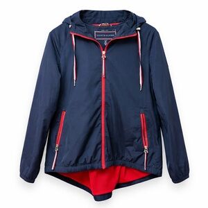 Tommy Hilfiger Hooded Windbreaker Jacket Women M Lightweight Blue Red Zip Logo